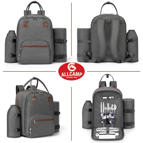 ALLCAMP Picnic Backpack - Insulated Cooler Bag with Compartment, Detachable Wine Glass Holder, Throw Blanket & Cutlery Set, 2 Person Picnic Set for Family Outings, Couple Gifts (Gray) - color: Gray, size: 2 person