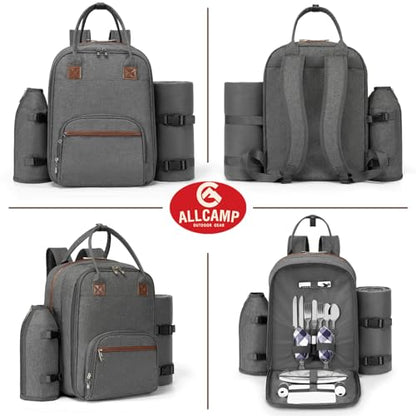 ALLCAMP Picnic Backpack - Insulated Cooler Bag with Compartment, Detachable Wine Glass Holder, Throw Blanket & Cutlery Set, 2 Person Picnic Set for Family Outings, Couple Gifts (Gray) - color: Gray, size: 2 person