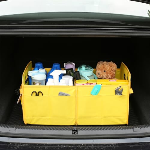 Car Suv Trunk Organizer,Sturdy Storage Organizer for Car Accessories,Tools,Sundries.Upgraded 4 Carrying Handles,72L,Foldable,Waterproof,Multi Compartment,2 Straps for Fixation (Yellow B)
