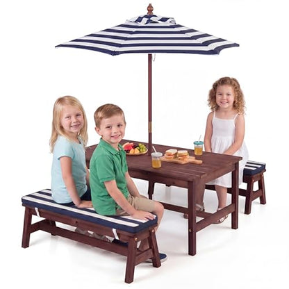 HONEY JOY Kids Picnic Table, Large 42” x 23” Tabletop, Fir Wood Toddler Outdoor Table & Bench Set w/Removable Cushions & Umbrella, Children Backyard Furniture for Patio Garden, Seats for 4 (Blue) - color: Blue