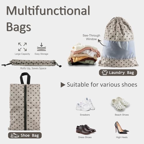 U+U 5 Set Packing Cubes for Travel Essentials Ultralight Luggage Packing Organizers with Laundry Bag and Shoe Bag for Vacation, Business Trip and Camping (Brown Polka Dot) - color: Brown Polka Dot