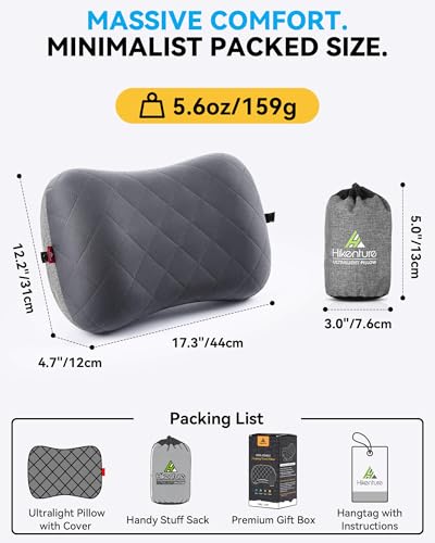 Hikenture Camping Pillow with Removable Cover - Ultralight Inflatable Pillow for Neck Lumbar Support - Upgrade Backpacking Pillow - Washable Travel Air Pillows for Camping, Hiking, Backpacking - color: Grey