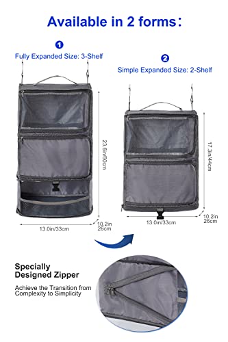 ELEZAY Hanging Packing Cubes Portable Closet 3-Shelf Travel Collapsible Compression Garment Organizer for Carry-on Luggage Suitcase Space Saver Bag X-Large_12*10 * 24 in, Gray - color: Grey, size: X-Large_12*10*24 IN