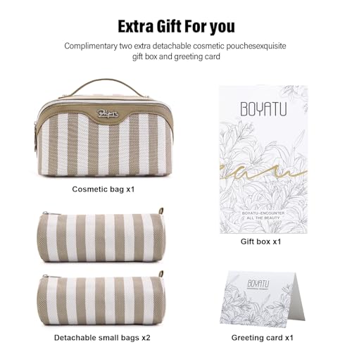 BOYATU Travel Makeup Bag Cosmetic Bag for Women: 3 Pcs Set Striped Make up Bag with Compartment - Waterproof Vegan Leather Toiletry Bag with Handle - Makeup Organizer for Travel Essential(A-6-Apricot) - color: A-6-Apricot