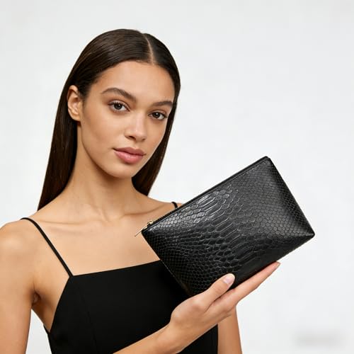 3 Pcs Makeup Bag Set for Women Black Soft Leather Travel Cosmetic Bag Make Up Pouch Small Travel Zipper Pouch,Water-resistant Makeup Organizer Bag for Women（Black） - color: Black
