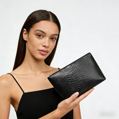 3 Pcs Makeup Bag Set for Women Black Soft Leather Travel Cosmetic Bag Make Up Pouch Small Travel Zipper Pouch,Water-resistant Makeup Organizer Bag for Women（Black） - color: Black