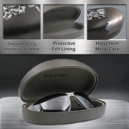MyEyeglassCase Hard Sunglasses case - Women Glasses Case Holder - Large Durable Eyeglass Case Hard Shell with Pouch & Cloth - color: Skulls Grey