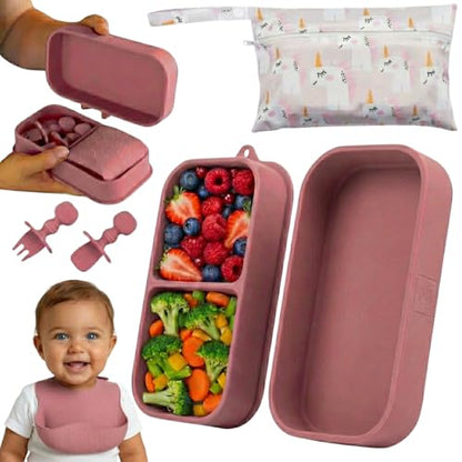 Baby Travel Essentials 6 Pc Silicone Feeding Set - Portable Toddler Plates with Suction, Baby Spoons & Foldable Bib in Carrying Case - BPA-Free Infant & Toddler Utensils for Airplanes & Eating Out - color: Dark Pink