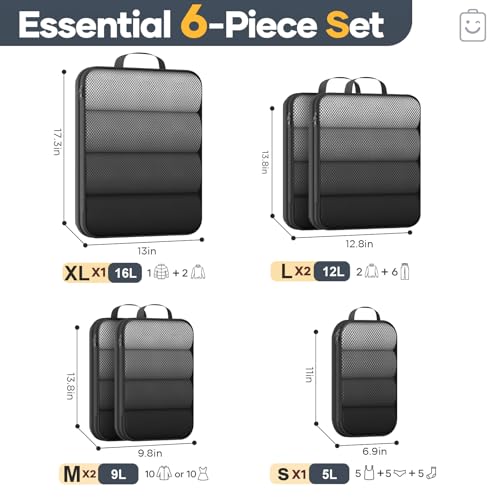 Veken 6/9/11 Set Compression Packing Cubes for Travel Essentials,Compressible Expandable Large Luggage Suitcase Organizer Bags for Clothing,Durable Space Saver Storage Bags(Black) - color: Black, size: 6 set
