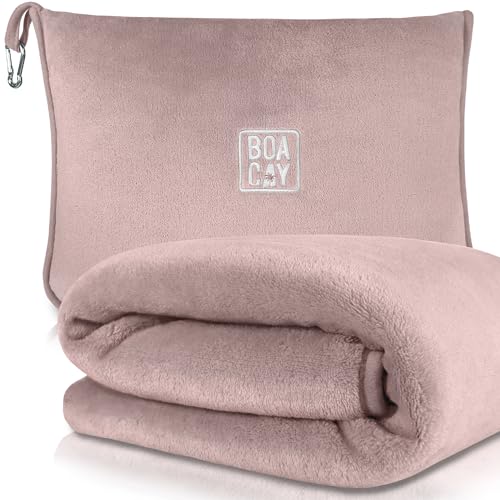 BOACAY Soft & Warm Travel Blanket for Airplane & Car - Long Flight Essential for Women, Men, Kids - Compact Pillow with Luggage Sleeve & Backpack Clip - color: Pink