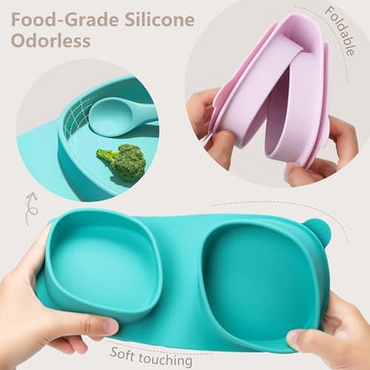 Baby Plates with Suction with Forks and Spoons, Foldable Silicone Toddler Plates, Baby Travel Essential, Microwave & Dishwasher Safe, Aqua - color: Aqua, style: Suction