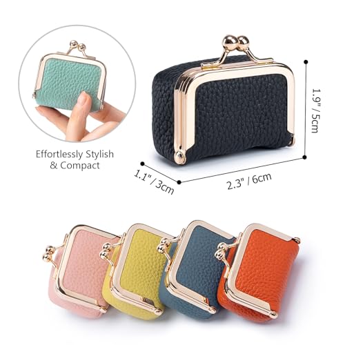 Genuine Leather Mini Jewelry Box Coin Purse for Women,Solid Color Kiss Lock Jewelry Case Organizer,Mini Travel Ring Box - color: Pink