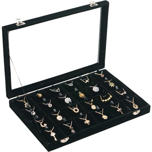 Jewelry Box Necklace Organizer Tray, Black Necklace Display Case Storage Jewelry Necklaces Display Stand 24 Slot Pendant Holder for Women - color: Black, size: Necklace display Case with Glass Lid 24 Slot