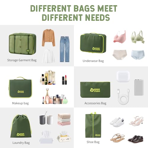 8-Piece Expandable Packing Cubes Set, Manual Zip Compression Travel Organizer with Hanging Toiletry Bag, Water Resistant Thick Fabric Clothing Storage Pouches for Carry-On & Checked Luggage (Green)