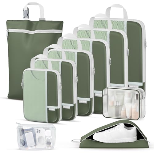 Percover Compression Packing Cubes for Travel, 10-Piece Structured Compression Organizer Set with Toiletry Bag, Laundry Bag & Shoe Bag for Carry-On & Checked Luggage, Green - color: Green, size: 10 Set
