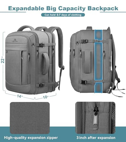 AREYTECO 60L Travel Laptop Backpack for Men, Extra Large Backpack, Big Capacity Carry On Backpack, 18-19 Inch Laptop Backpack Water Resistant Luggage Computer Daypack College Bag, Grey - color: Grey, size: 18.4 Inch (22''x14''x11'')