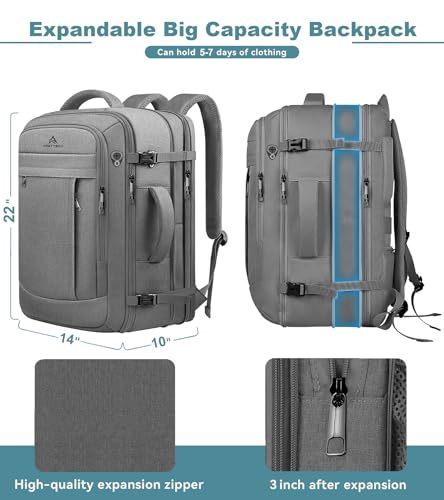 AREYTECO 60L Travel Laptop Backpack for Men, Extra Large Backpack, Big Capacity Carry On Backpack, 18-19 Inch Laptop Backpack Water Resistant Luggage Computer Daypack College Bag, Grey - color: Grey, size: 18.4 Inch (22''x14''x11'')