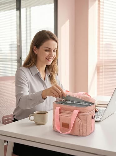 Rnivvi Lunch Box for Women, Double Decker Insulated Cooler Bag Lunch Bag Reusable Leakproof Tote Lunch Container with Strap for Work Family Picnic Hiking Camping, 18 Cans 12L, Large Adults, Pink - color: Pink