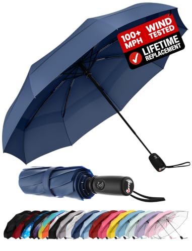 Repel Windproof Travel Umbrella - Compact & Withstands Winds up to 100MPH , Strongest Premium Auto Folding Umbrella for Rain and Sun - Durable, Light & Portable for Women & Men , Fits Backpack & Cars - color: Navy Blue - Travel Umbrella (1 Pack)