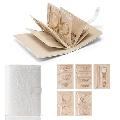 VLANDO Travel Jewelry Case,Jewelry Organizers and Storage Jewelry Book Ring Binder with Clear Zipper Velvet Jewelry Pouches Bags for Rings,Necklace,Earrings-White - color: 07.White-Crocodile