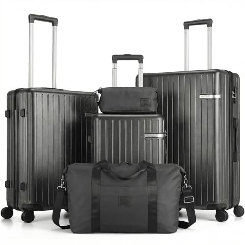 Hoteel Luggage Sets 5 Piece (4-YEARS WARRANTY), ABS+PC Suitcases with Wheels and Side Hook, Hardshell 20/24/28 inch Luggage with Duffel Bag Travel Bag, Black - color: Black, size: 5 Piece Set (20/24/28/DB/TB)