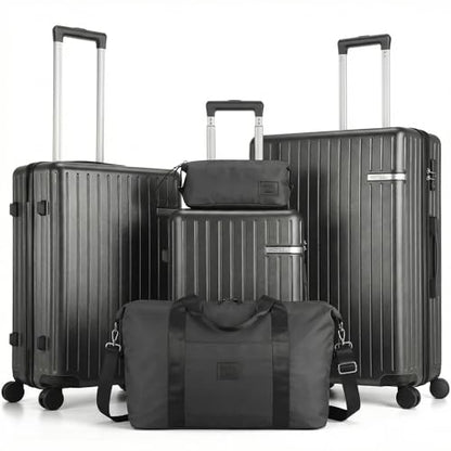 Hoteel Luggage Sets 5 Piece (4-YEARS WARRANTY), ABS+PC Suitcases with Wheels and Side Hook, Hardshell 20/24/28 inch Luggage with Duffel Bag Travel Bag, Black - color: Black, size: 5 Piece Set (20/24/28/DB/TB)
