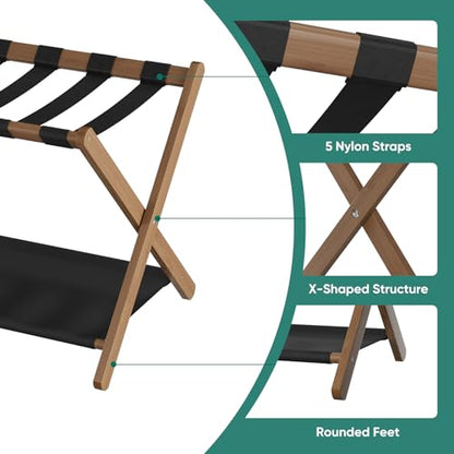 Smuxee Walnut Bamboo Luggage Rack Pack of 2, Foldable Suitcase Stand with Storage Shelf, Easily Assembled Luggage Stand with 5 Nylon-Straps for Guest Room Hotel Bedroom - color: Walnut 2PCS