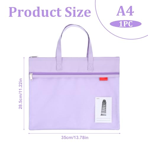 Large Zipper Pouch with Handle, 11 x 13.7 in Mesh Zipper Pouch Waterproof Double Pocket Organizer Bag, A4 Size Foldable File Storage for Documents Travel Art Supplies Office Use (Purple)