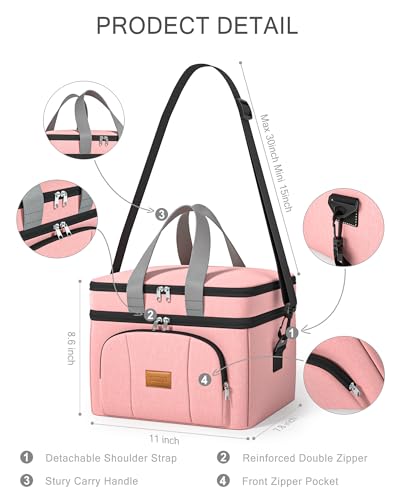 Rnivvi Lunch Box for Women, Double Decker Insulated Cooler Bag Lunch Bag Reusable Leakproof Tote Lunch Container with Strap for Work Family Picnic Hiking Camping, 18 Cans 12L, Large Adults, Rose Pink - color: Rose Pink