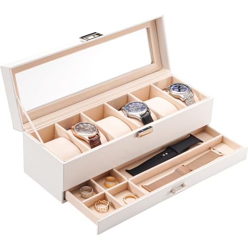 ProCase Watch Box, 6 Slot Watches Display Case with Drawer, Mens Watch Case with Glass Lid, 2-Layer Mens Jewelry Organizer Storage Holder, Birthday Valentine Gifts for Men -6 Slot, White - color: White, size: 6-Slot
