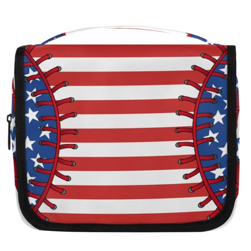 Hanging Travel Toiletry Bag for Women, Baseball Flag Motif Water Resistant Polyester Organizer with Hook & Handle, Large Capacity Cosmetic Bag for Travel, Gym, Camping - color: Baseball Flag Motif