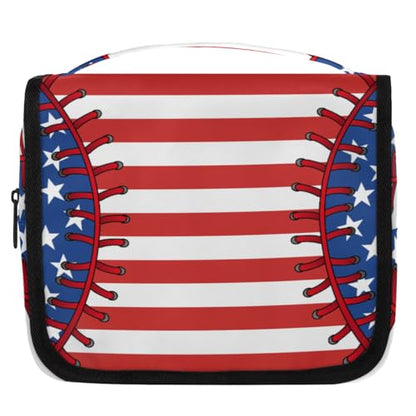 Hanging Travel Toiletry Bag for Women, Baseball Flag Motif Water Resistant Polyester Organizer with Hook & Handle, Large Capacity Cosmetic Bag for Travel, Gym, Camping - color: Baseball Flag Motif