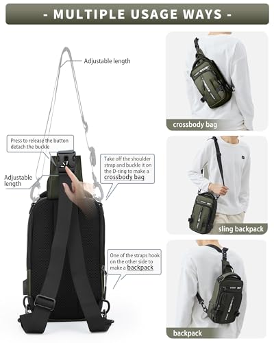 SEAFEW Small Sling Crossbody Backpack Shoulder Bag for Men, Lightweight One Strap Backpack Sling BacK pack for Hiking Walking Biking Travel Cycling USB Charger Port-Nylon (Olive Green) - color: Green-small