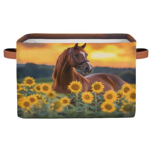 Animal Horse Sunflower Square Storage Basket Bin Canvas Fabric Compressible Organizer Basket with Handle for Bedroom Nursery Office, 1PCS - color: Horse, size: 1 pc