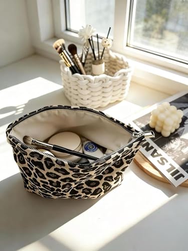 Brown Leopard Canvas Makeup Bag Organizer for Women & Girls - Large Capacity Travel Toiletry Pouch | Purse Organizer Cosmetic Zipper Bag - color: leopard print