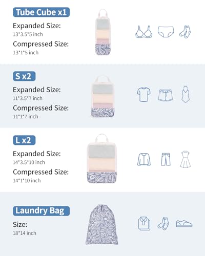Narwey 6 Set Compression Packing Cubes for Travel Women Men, Travel Cubes for Carry On Suitcase, Durable Compression Luggage Organizer Bags - color: Y-Blue Leaf