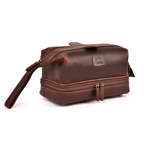 LEATHER VILLAGE Genuine Leather Dopp Kit – Large Travel Toiletry Bag with Waterproof Lining, Dual-Zip Design for Men & Women, Organizer for Shaving, Makeup & Essentials - Cherry - color: Cherry