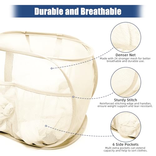 Collapsible Laundry Baskets, Upgrade Pop Up Laundry Hamper with Convenient Bags, Foldable Laundry Basket Mesh Light Weight, Easy to Carry Clothes Hampers for Laundry, Dorm, Toys, Travel Beige - color: Beige