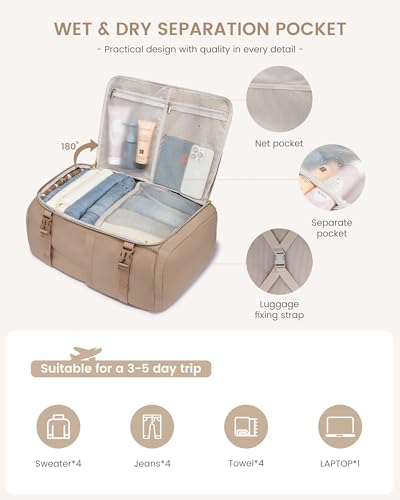 LOVEVOOK 50L Travel Backpack for Women, TSA Approved Carry On Backpack with 3 Packing Cubes, Personal Item Bag Fits 17" Laptop, Water-resistant Carry On Bag for Airplanes - color: Beige & Khaki, size: 50L-4PCS