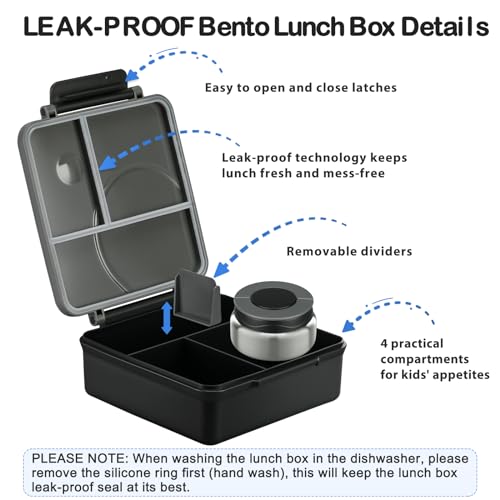 Bento Lunch Box Set for Kids with 8oz Soup Thermo, Leak-Proof Lunch Containers with 4 Compartment, Kids Thermo Hot Food Jar and Insulated Lunch Bag for Kid to School-Black - color: Black