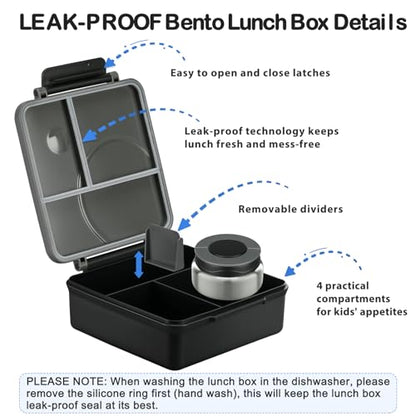 Bento Lunch Box Set for Kids with 8oz Soup Thermo, Leak-Proof Lunch Containers with 4 Compartment, Kids Thermo Hot Food Jar and Insulated Lunch Bag for Kid to School-Black - color: Black