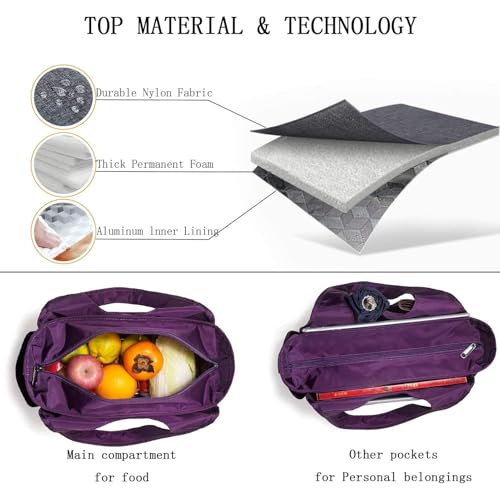 Extra Large Insulated Lunch Tote Bag for Women Men, Leakproof Cooler Lunch Box Shoulder Purse with Side Pockets for Work - Purple - color: Purple