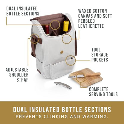 Picnic TIME 2 Bottle Insulated Wine Bag with Cheese Board and Knife Set, Wine Picnic Bag, Natural Waxed Canvas Wine Tote, (White) - color: White