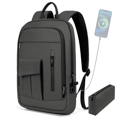 Business Backpack for Men Slim Lightweight Laptop Backpack Water Resistant Small Office Backpack for Commute Travel Daily Office Work with Small Bag (Grey, 15.6") - color: Grey, size: 15.6", style: With Pocket