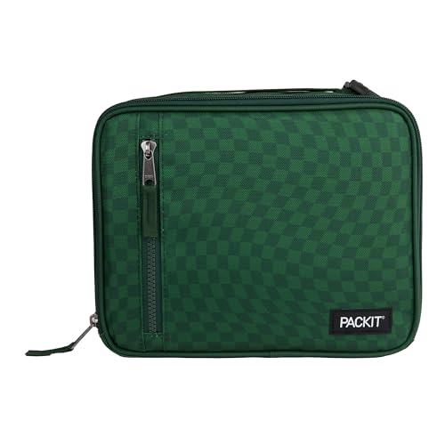 PackIt Freezable Classic Lunch Box, Checker Wave Olive, Built with EcoFreeze Technology, Collapsible, Reusable, Zip Closure With Zip Front Pocket and Buckle Handle, Designed for Fresh Lunch On the Go - color: Checker Wave Olive