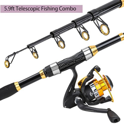 Yoilrey Fishing Rod and Reel Combo – 5.9ft Telescopic Fishing Pole Starter Kit with Spinning Reel, Fishing Line, Lure Box & Tackle Bag for Travel - color: ï¼ 2 packï¼ Black and Gold