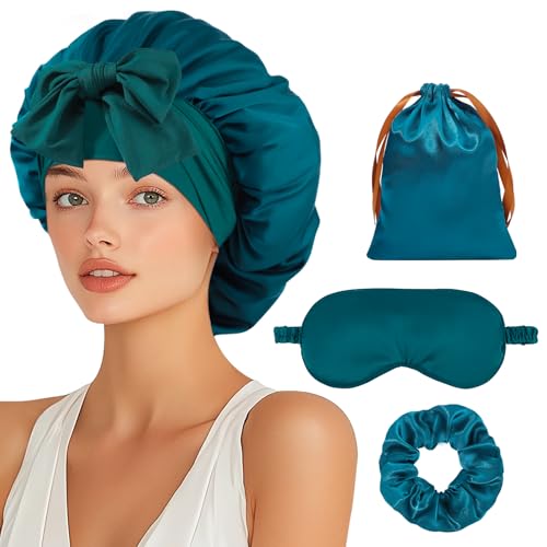 Satin Bonnet Set, Hair Bonnet for Sleeping Silk Bonnet with Eye Mask for Women Curly Hair - color: Peacock Blue