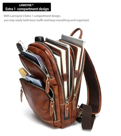 LANNSYNE Full Grain Leather Sling Bag For Men Crossbody Chest Daypack fits 10.5" iPad - color: Orange for 10.5" Ipad