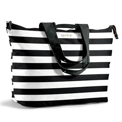 Fit & Fresh XL Beach Tote Bag for Women – XL Travel Tote with Zipper & Pockets, Oversized Canvas Pool Bag, Weekender Carry-On - color: Black & White Stripe