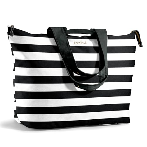 Fit & Fresh XL Beach Tote Bag for Women – XL Travel Tote with Zipper & Pockets, Oversized Canvas Pool Bag, Weekender Carry-On - color: Black & White Stripe